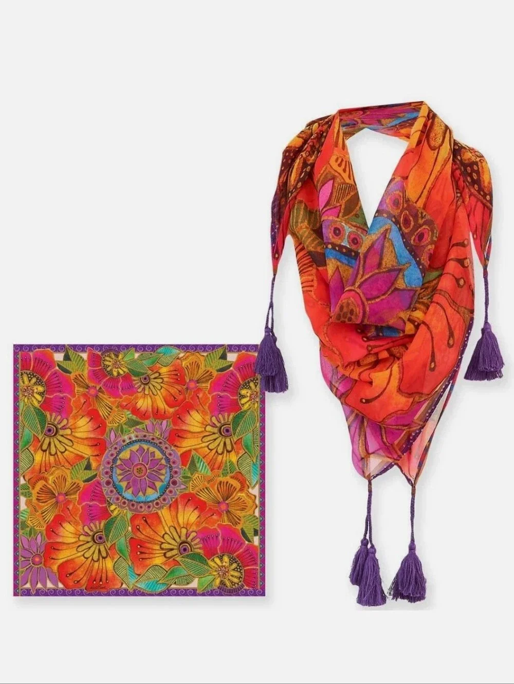 Laurel Burch Mandala Sheer Scarf Orange, Purple & Pink Floral Tassel Scarf